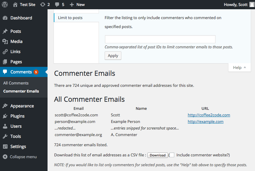 A screenshot of the plugin's settings page with the "Help" tab expanded to reveal input for limited the listing of commenters to those who commented on specified posts.