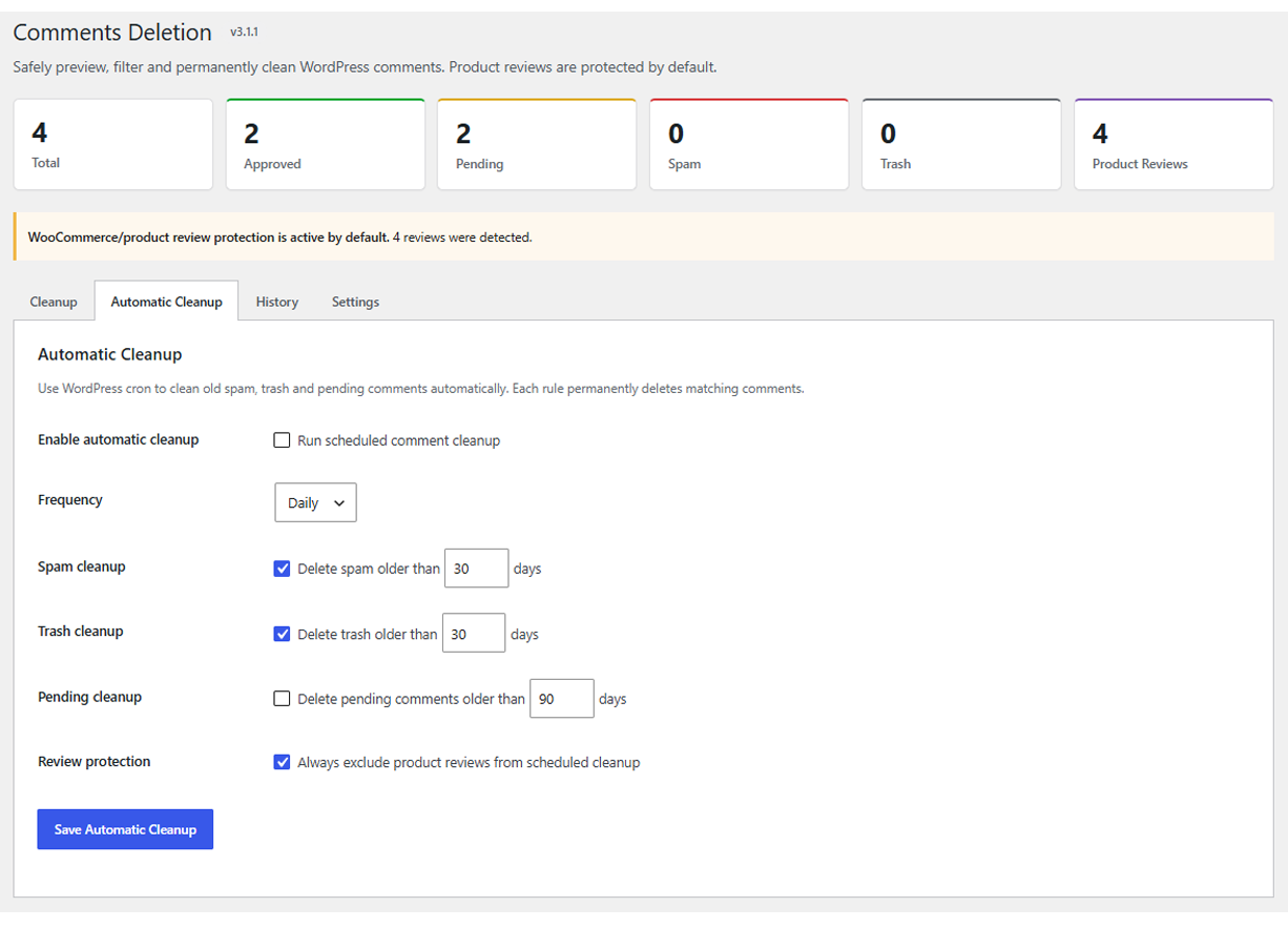 Automatic Cleanup settings for scheduled removal of old spam, trash and pending comments, with product review protection.