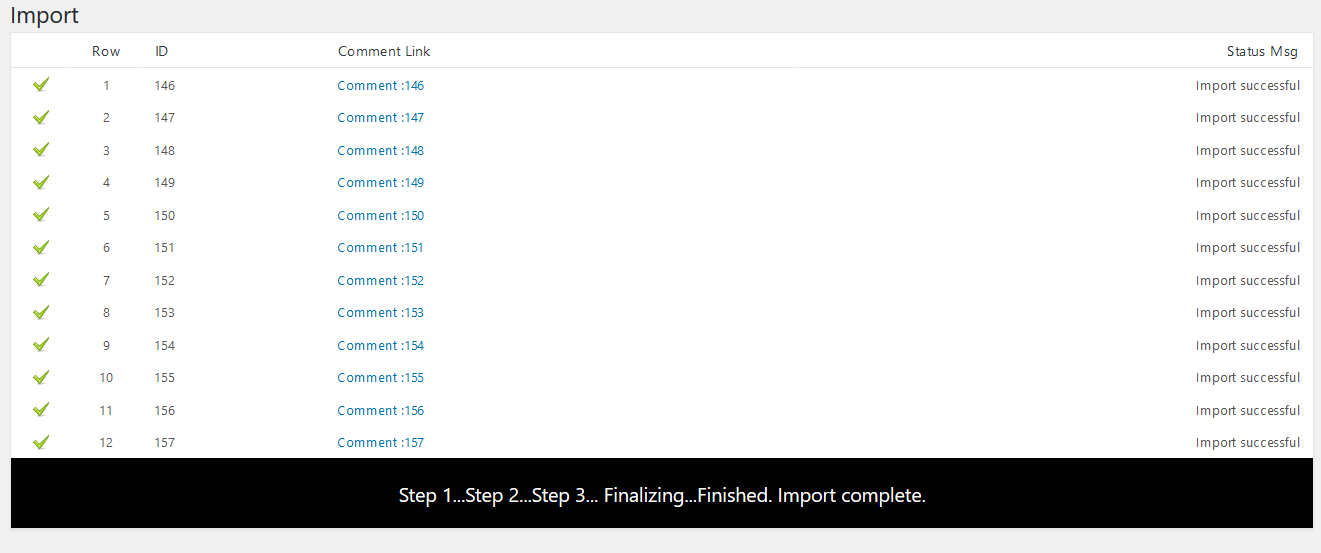 Comment Import Success Screen
