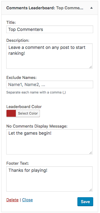 This is what the Widget settings look like with some text filled in.
