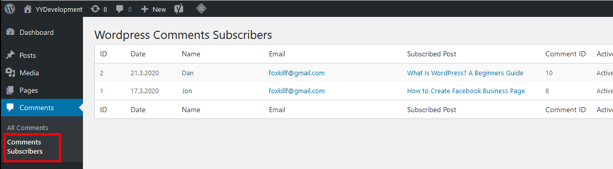 Wordpress Comment Subscriber Admin System