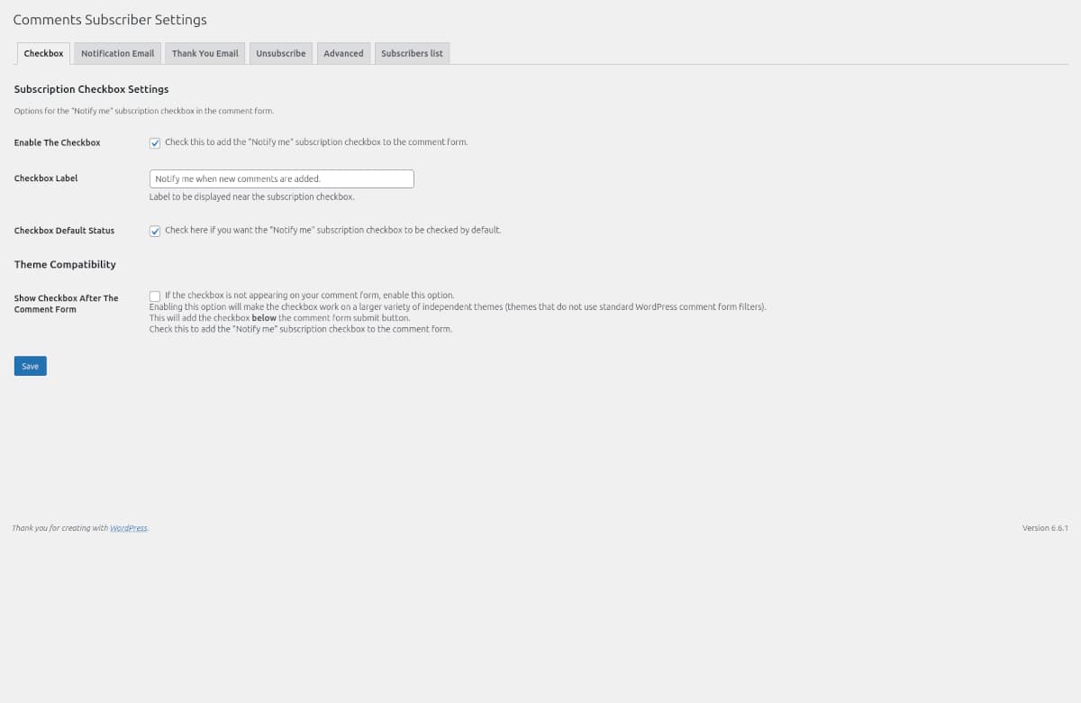 Checkbox settings