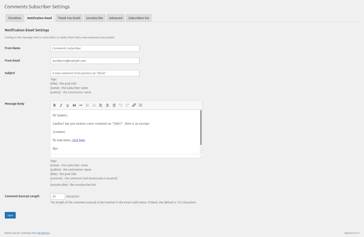 Notification email settings