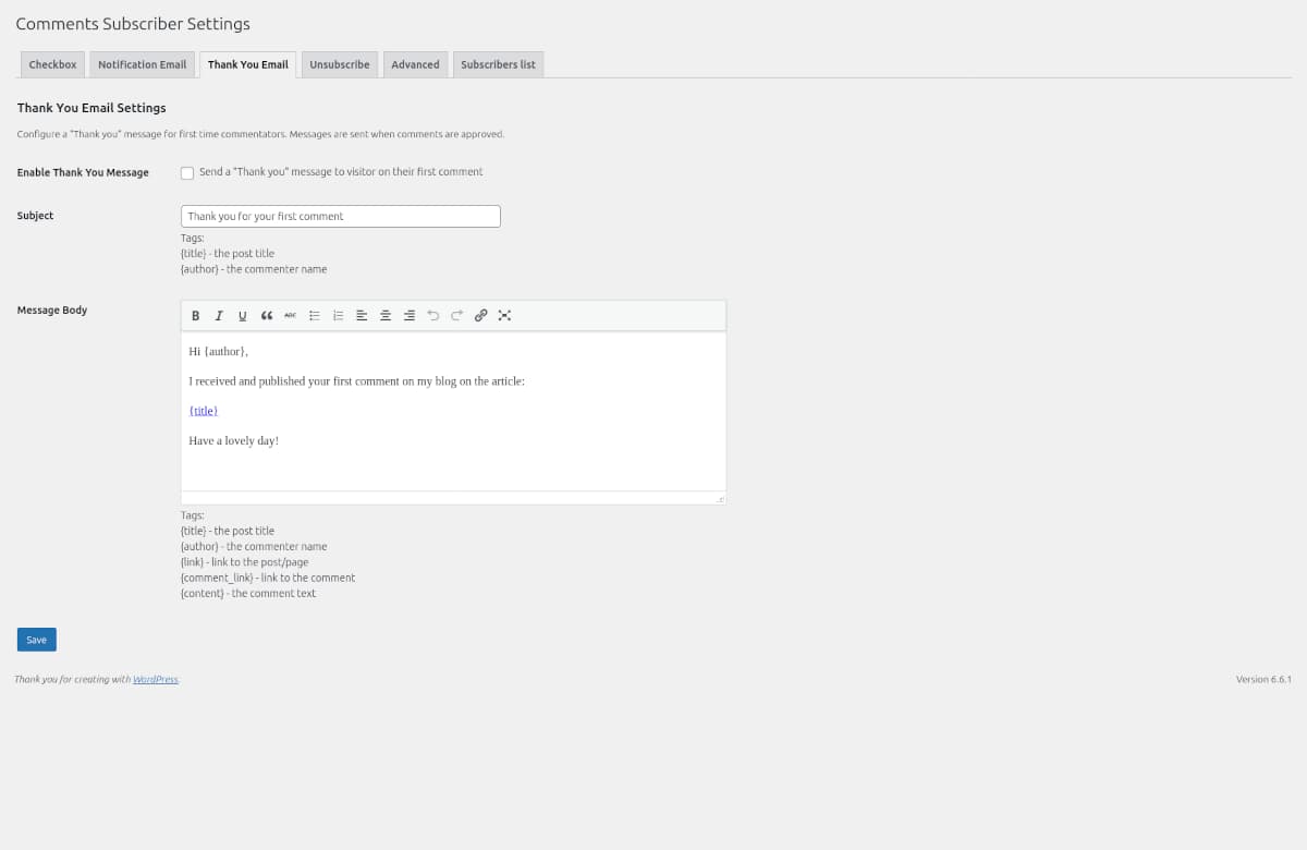 Thank you email settings