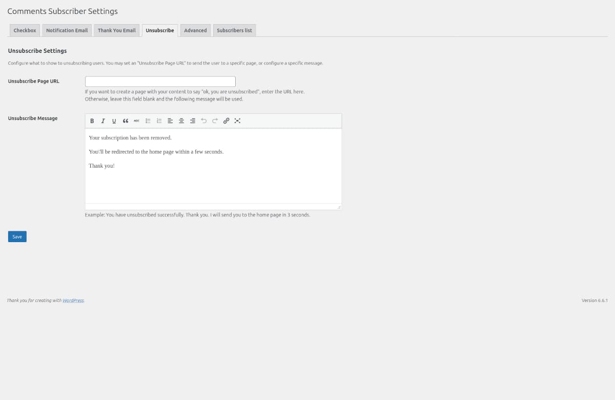 Unsubscribe settings