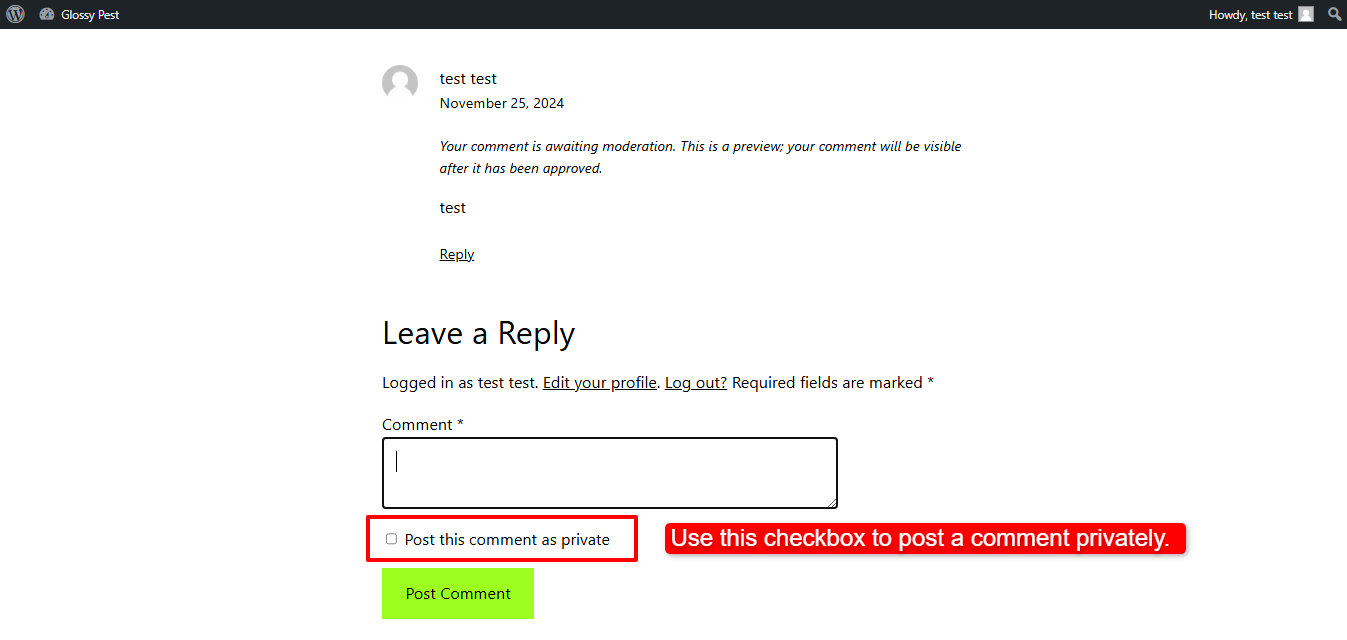 Once any comment received on any post, it will be displayed under comments menu for comment approval by admin user where admin has option to make it public and make it private vice versa.