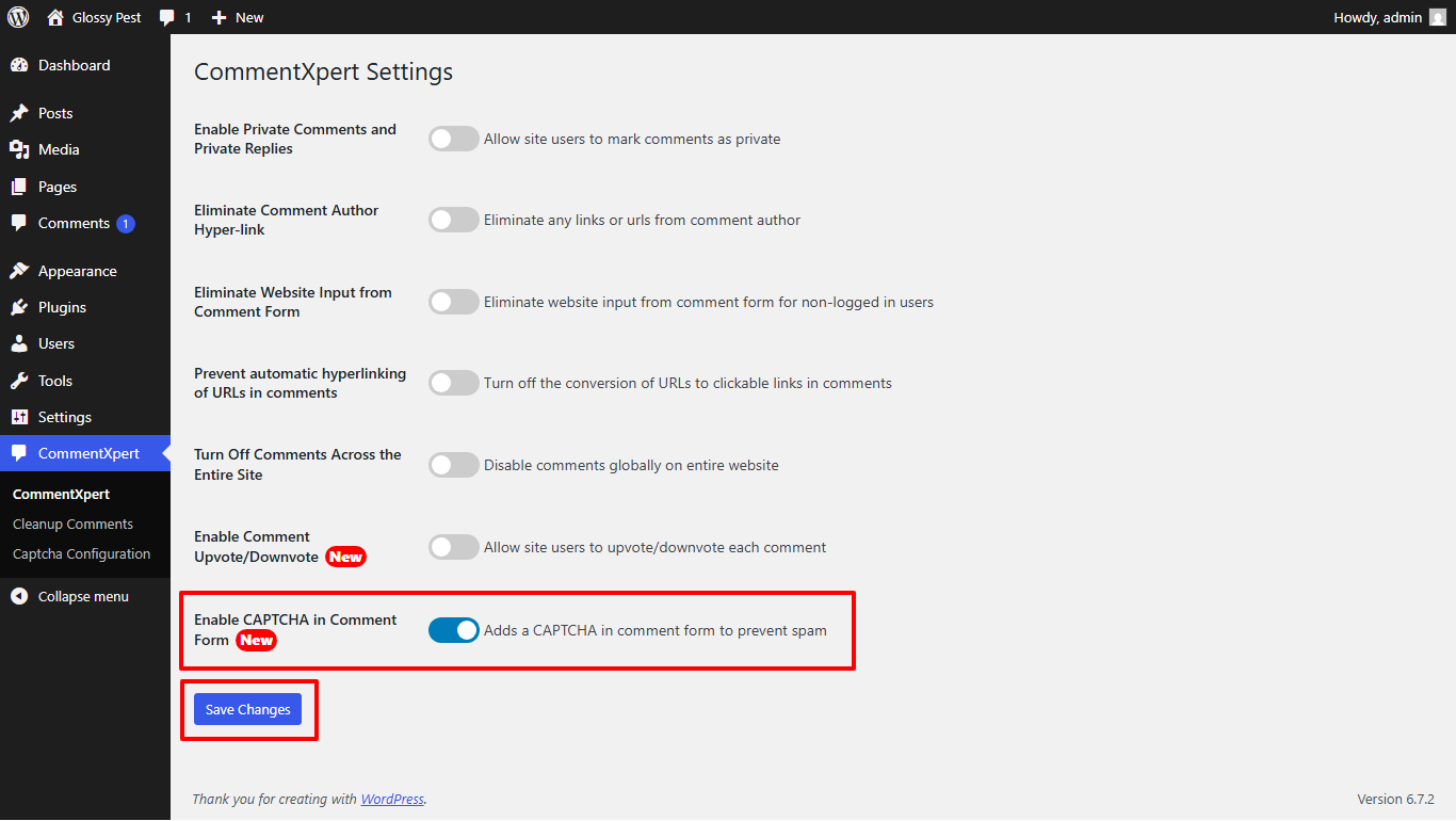 The settings page "Captcha Configuration" where admin can select from options "Select CAPTCHA Type". And based on the selected CAPTCHA type it will display CAPTCHA key and secret key settings where admin needs to configure the keis and click on save.