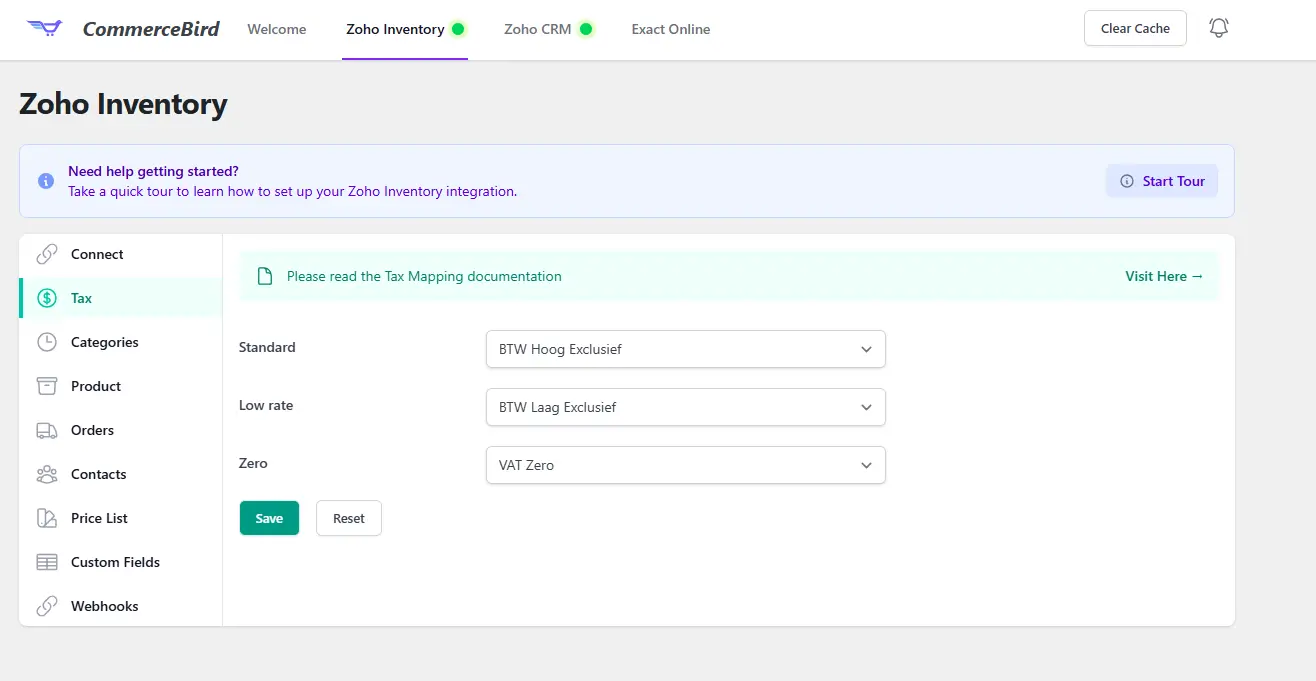 Exact Online Connect tab