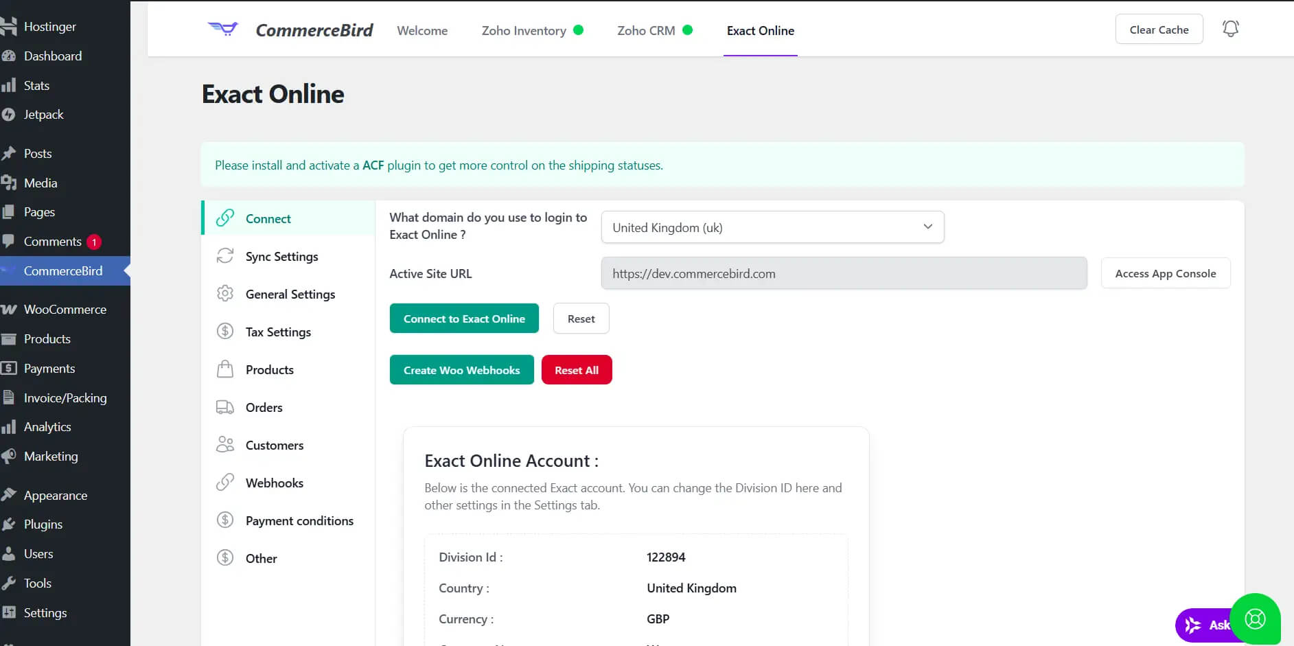 Exact Online Webhooks tab