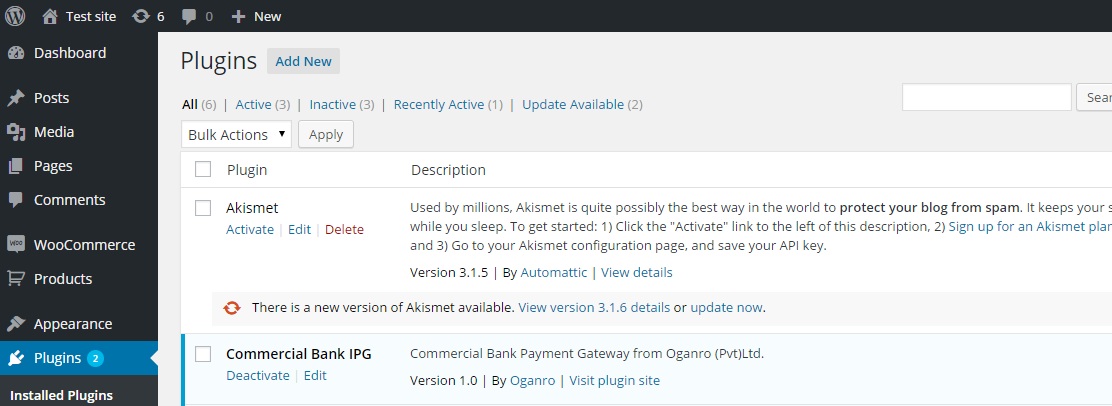 Featured above is the plugin page view containing the "commercial Bank IPG" option. Make sure to activate this option from the available plugin page.