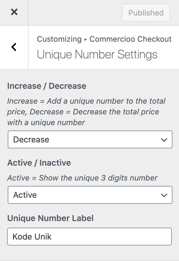 Option settings unique number on customizer