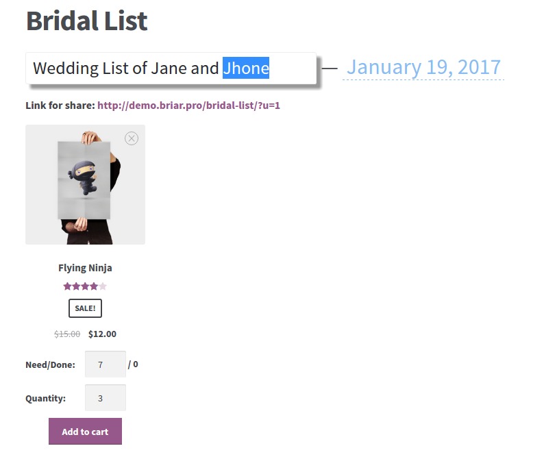 Bridal List page.