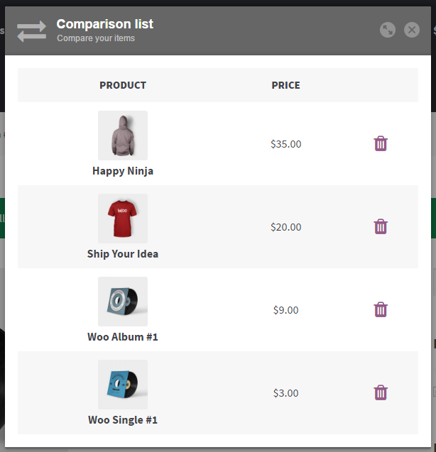 Compare your products using a good looking popup (it's possible to compare all kind of fields, including WooCommerce attributes)