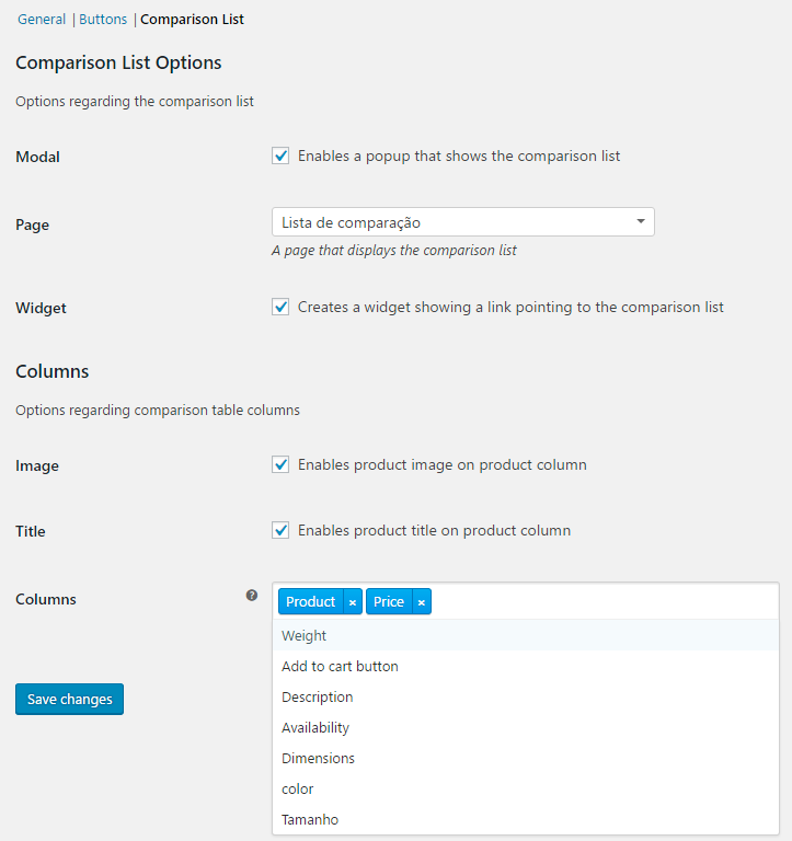 Choose what columns will be available on the comparison list