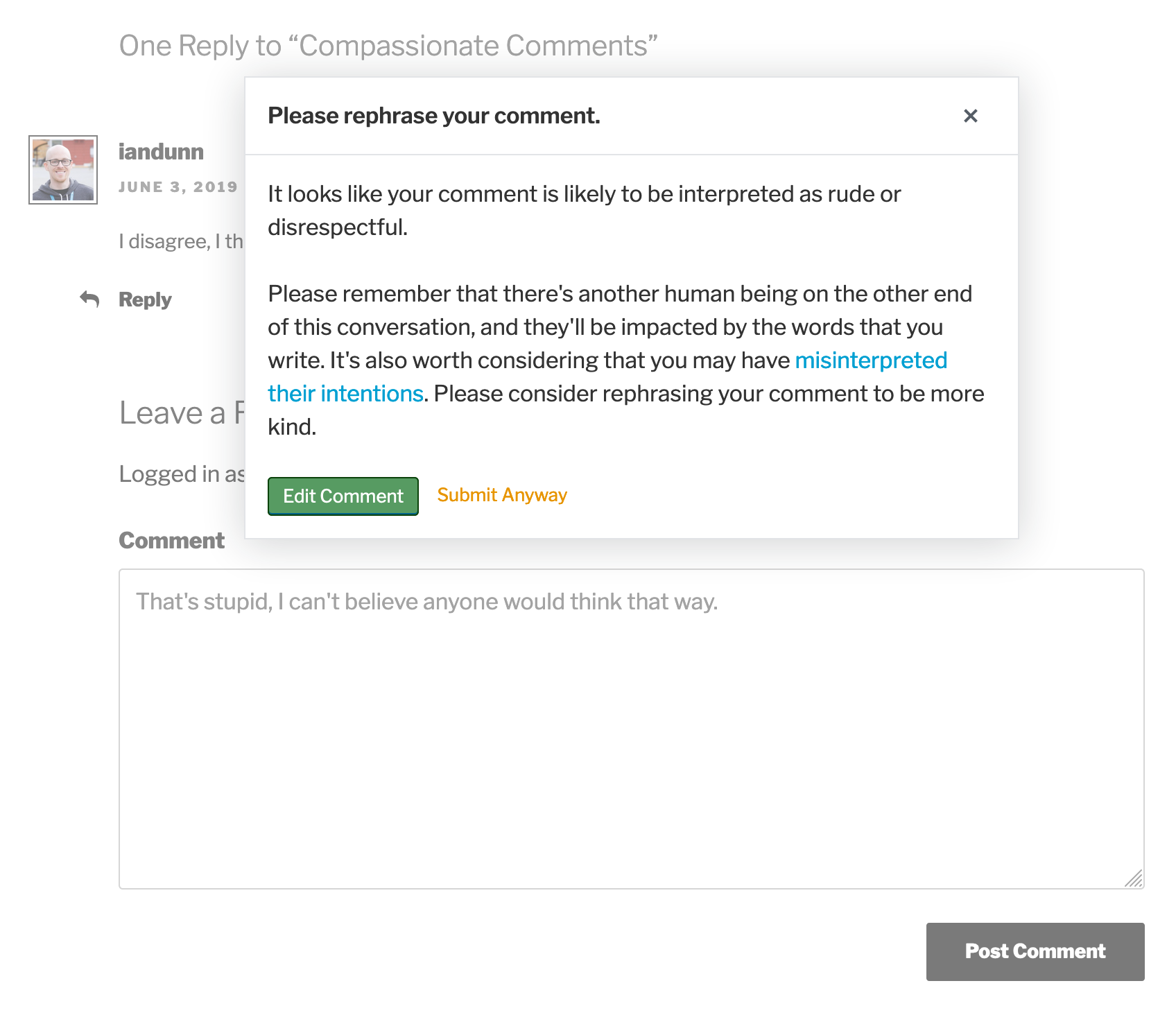 The warning a comment author is shown when submitting a toxic comment.