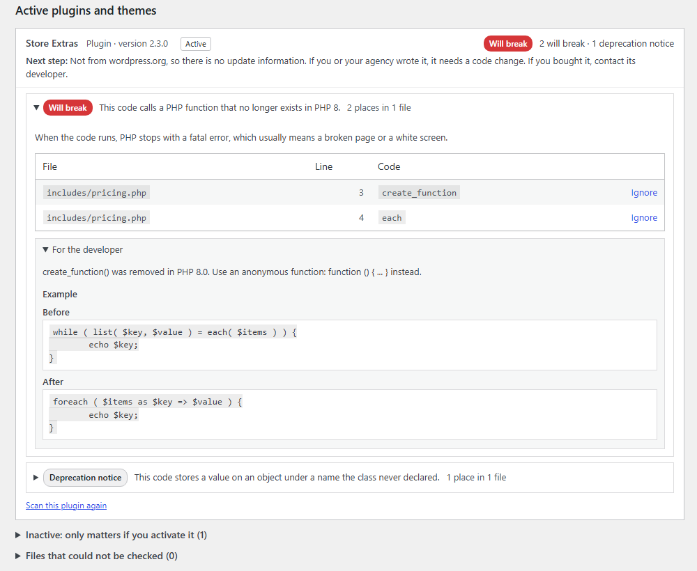 One plugin opened: the recommended next step, each issue in plain words, and the details for developers.