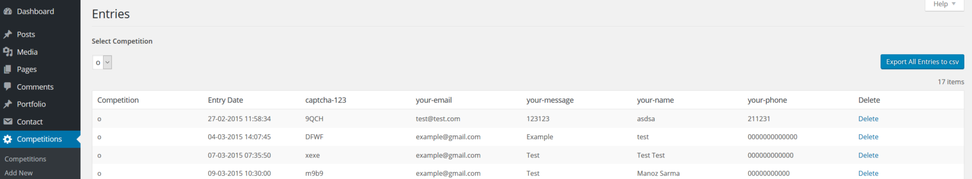 **competition entries, export to CSV**