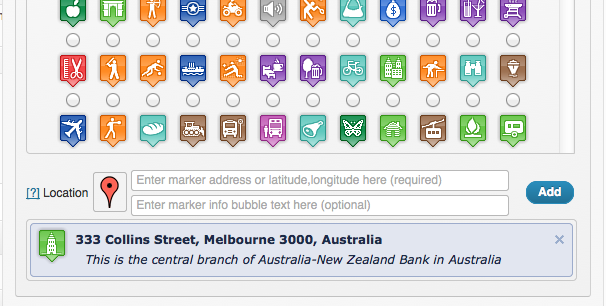 Facebook style interactive interface for map markers with custom icons and text