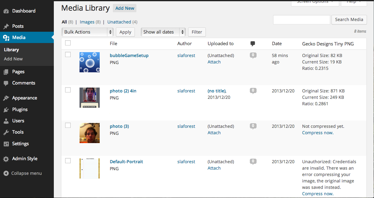 Media Library with Compress PNG for WP information column.