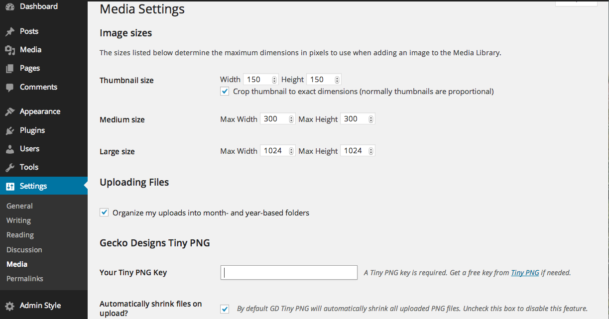 Media Settings page with Compress PNG for WP settings.