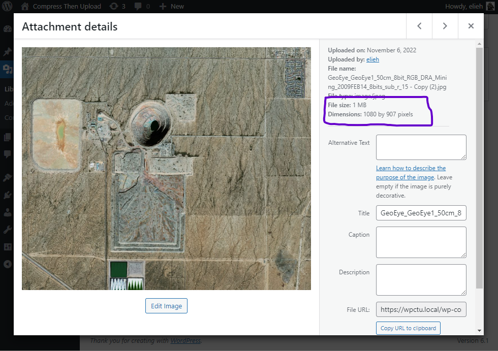 New optimized image size and dimensions saved in WP Media Library