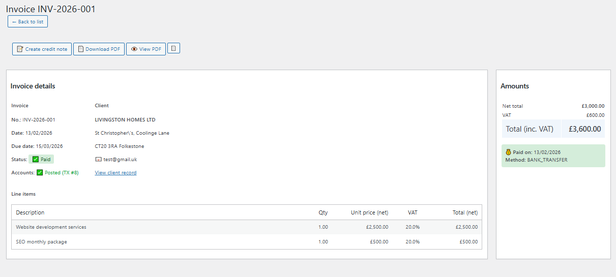 Invoice Detail - Detailed invoice view with PDF generation