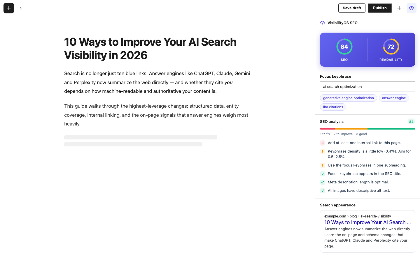 Gutenberg SEO sidebar — live SEO and readability analysis, focus keyphrase suggestions and a Google search-appearance preview.