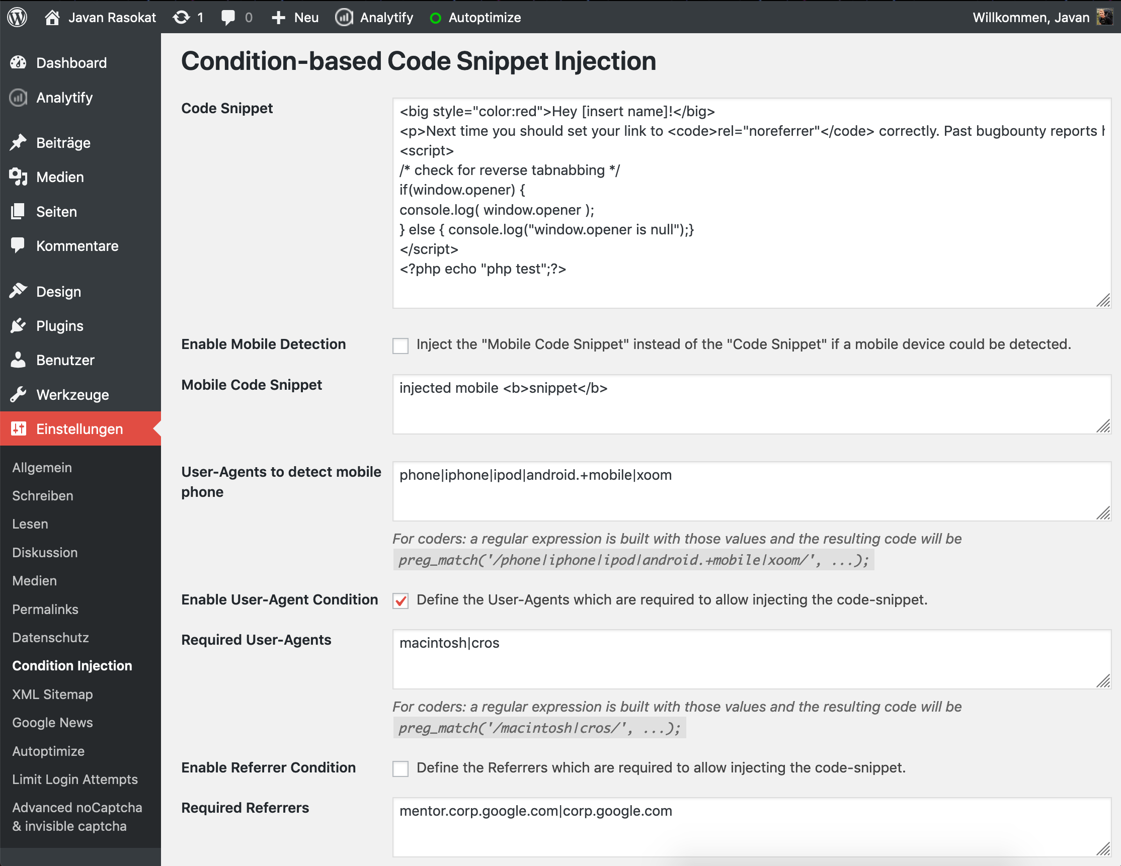 Configuration panel Settings