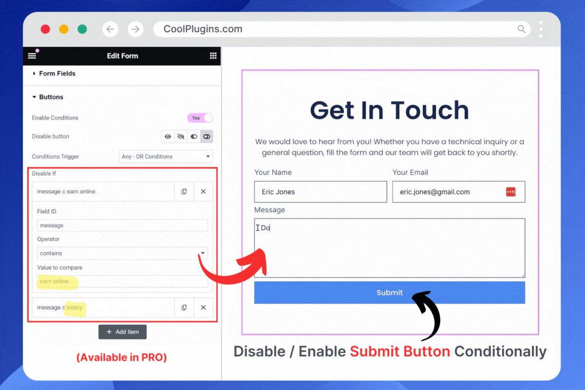 Enable/disable the Elementor form submit button conditionally.