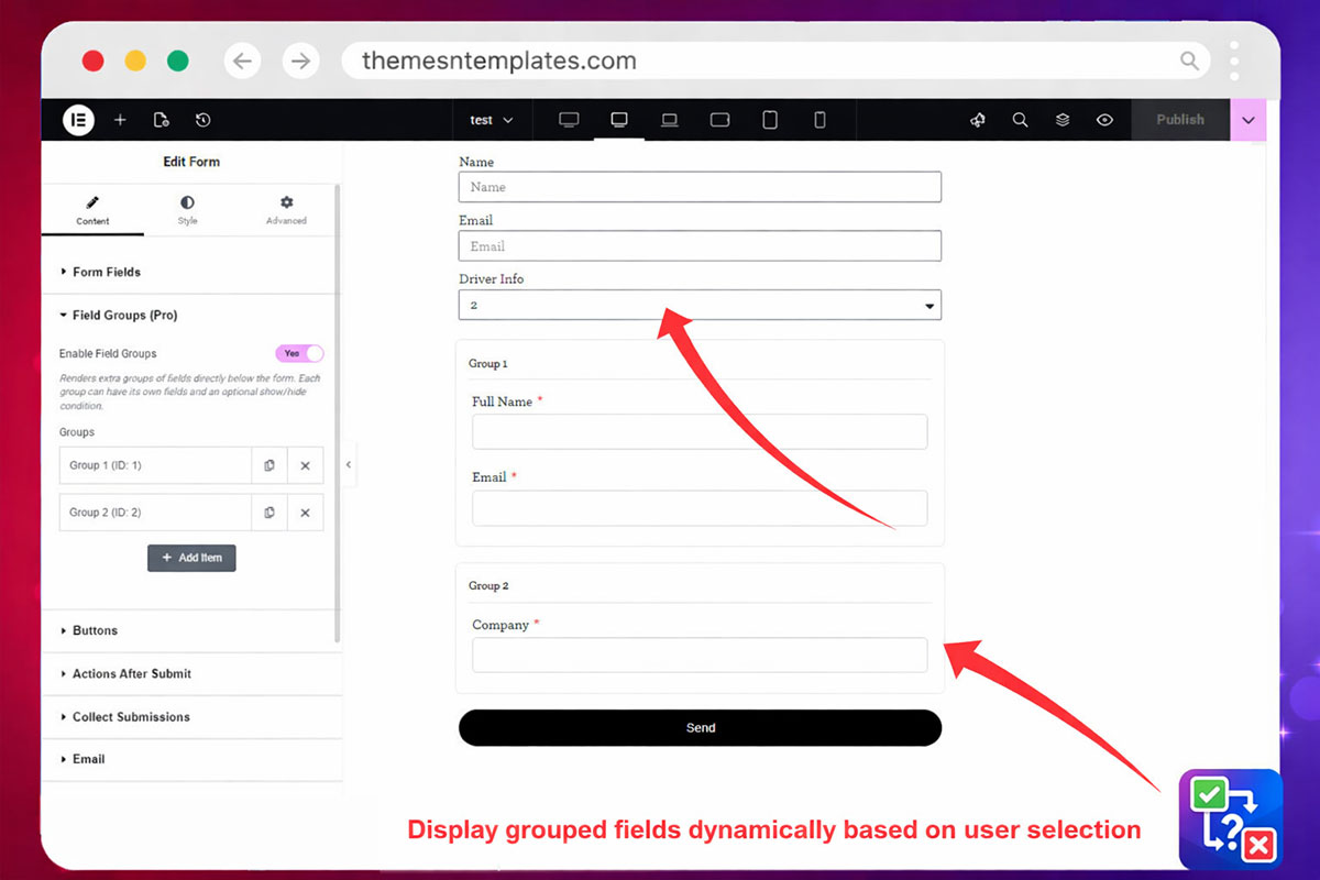 Display grouped fields dynamically based on user selection