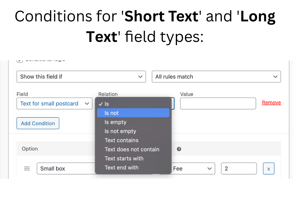 Condition types for File upload type of field