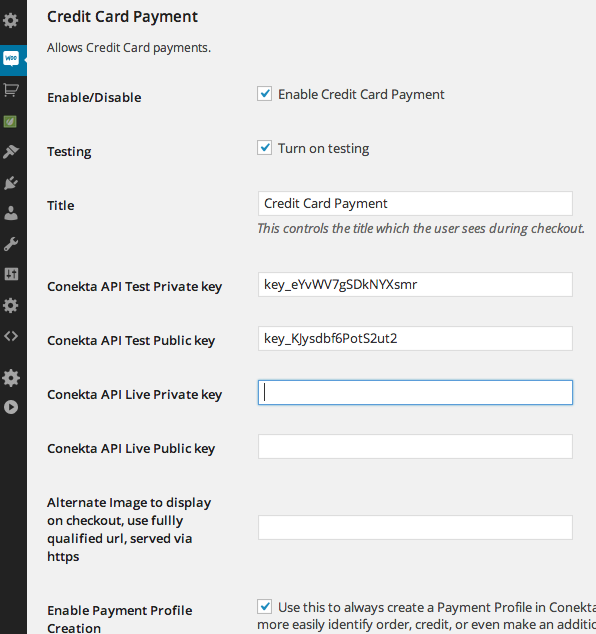 In your Woocommerce admin in Settings > Checkout, you will need to add the API Keys from your Conekta.io account