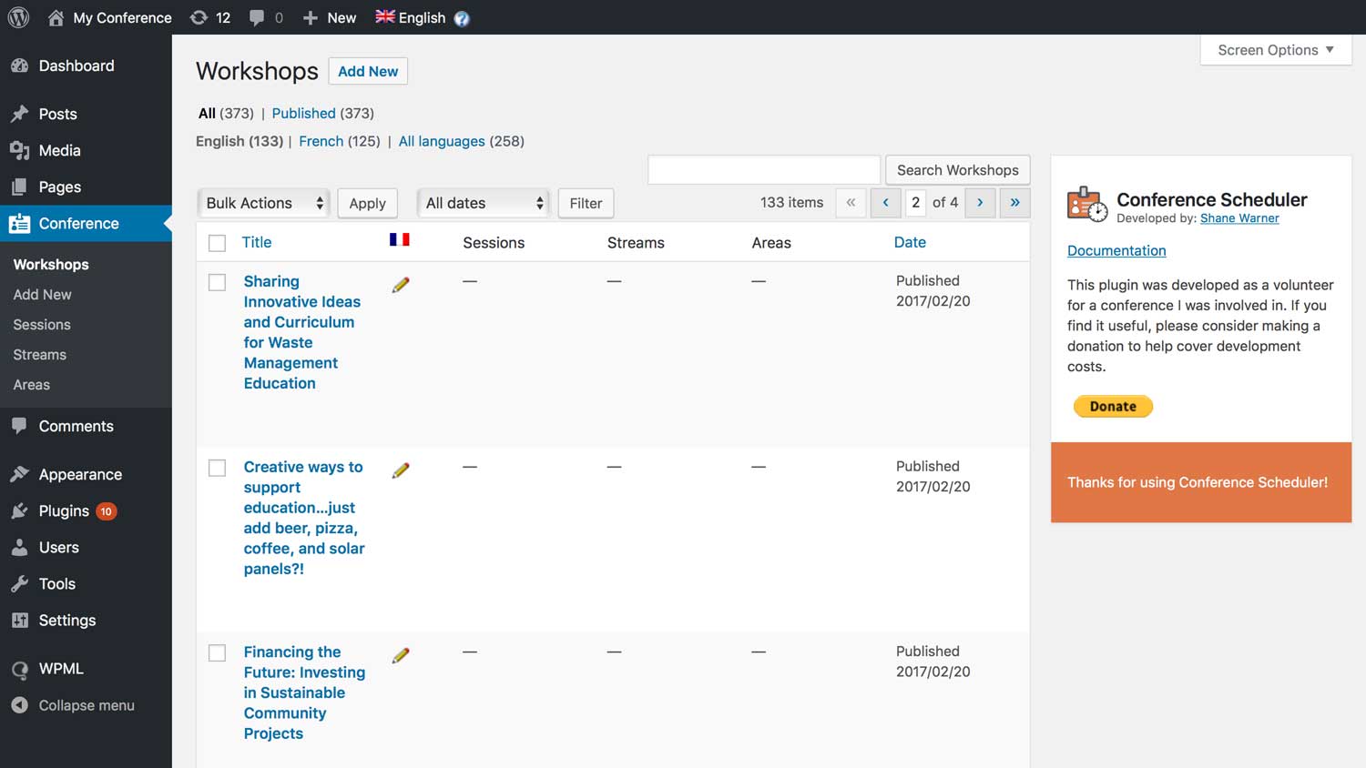 Manage all your workshops in the familiar WordPress admin interface.