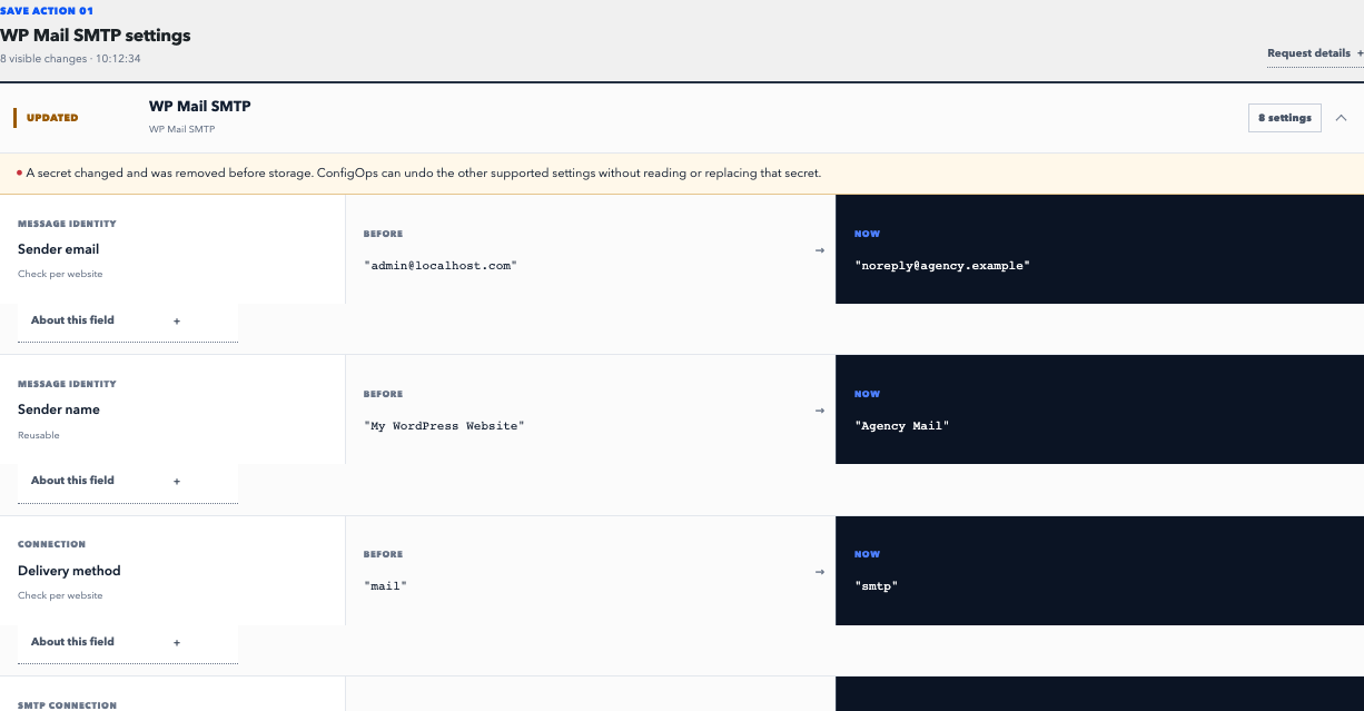 See the supported WP Mail SMTP decisions behind one save while the changed SMTP password is removed before storage.