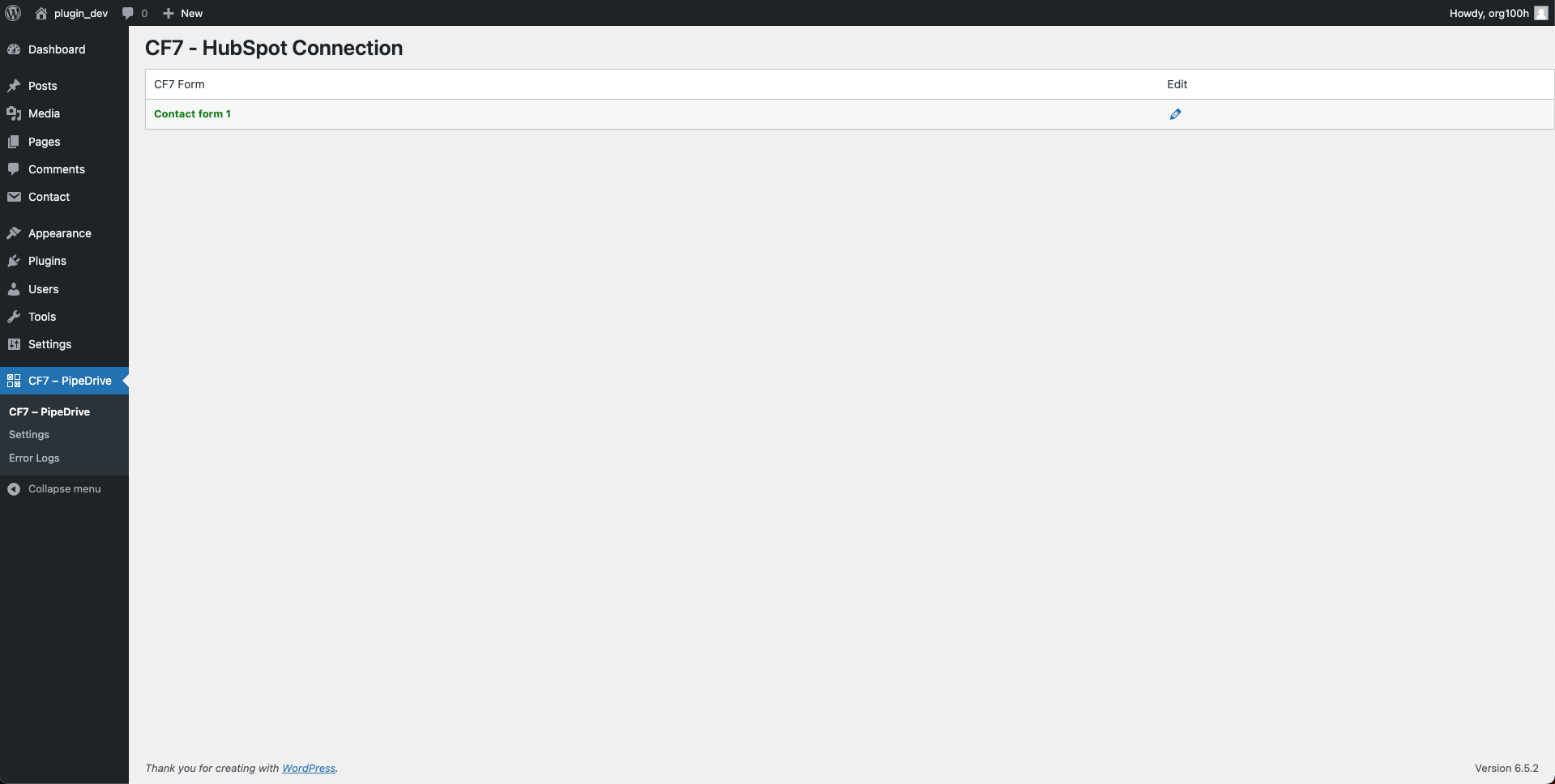 On this page, we see a list of available CF7 forms, with forms actively integrated with PipeDrive highlighted in green and inactive ones in red. To modify the settings of a form, click on the pencil icon.