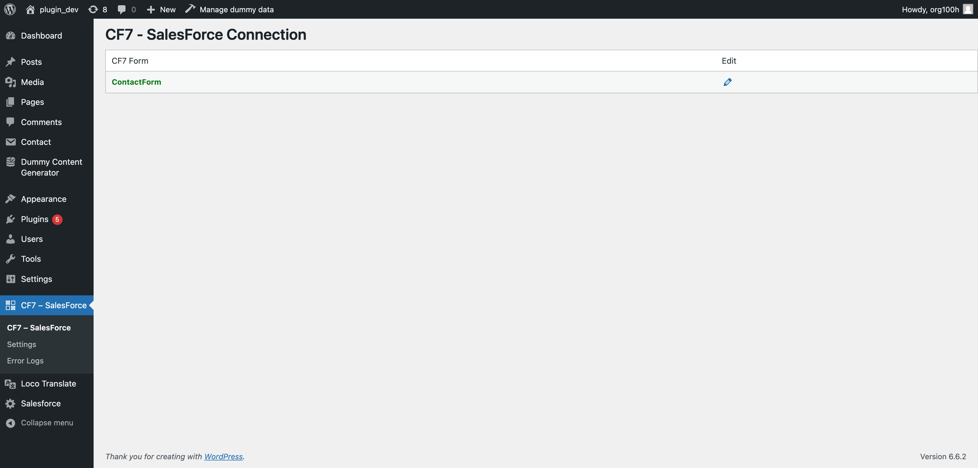 On this page, we see a list of available CF7 forms, with forms actively integrated with Salesforce highlighted in green and inactive ones in red. To modify the settings of a form, click on the pencil icon.