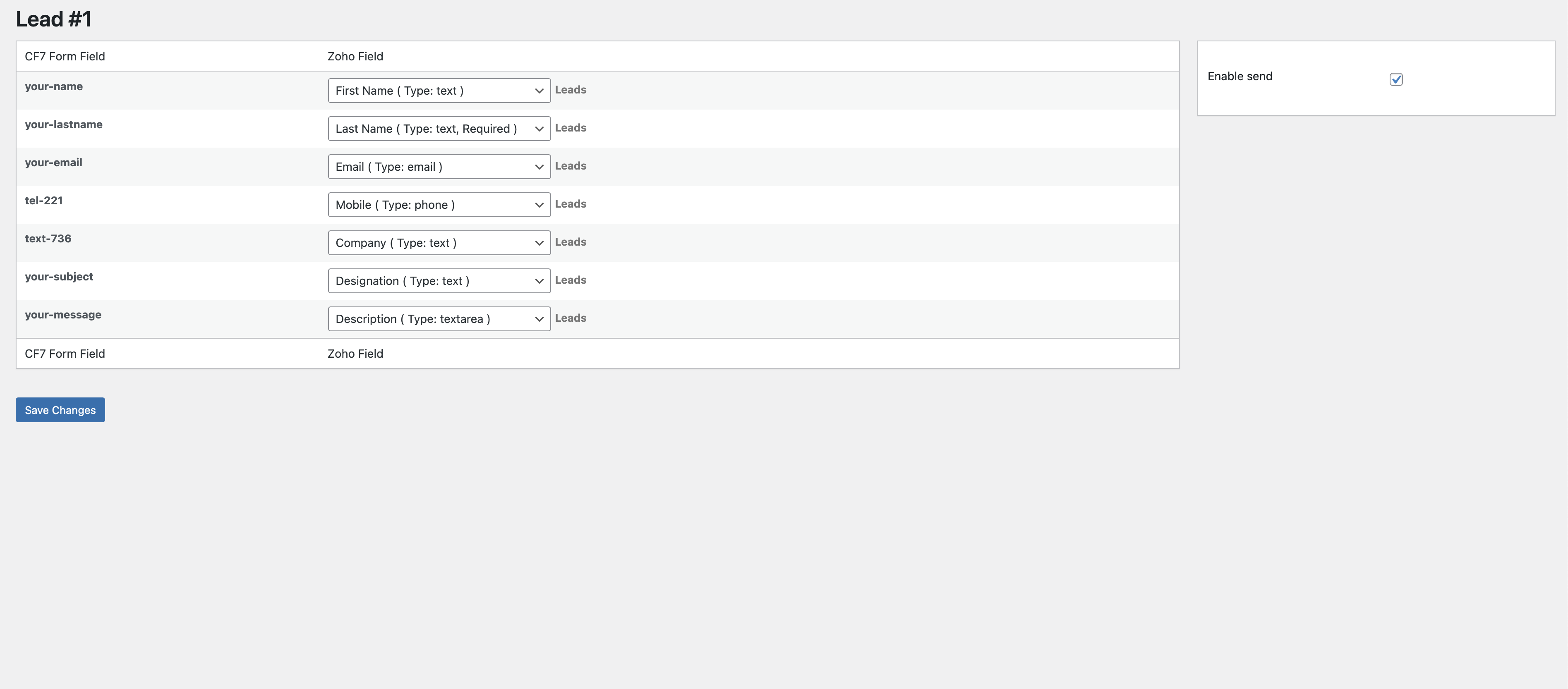 On this page, you can activate the integration and specify which fields should correspond to CF7 fields.