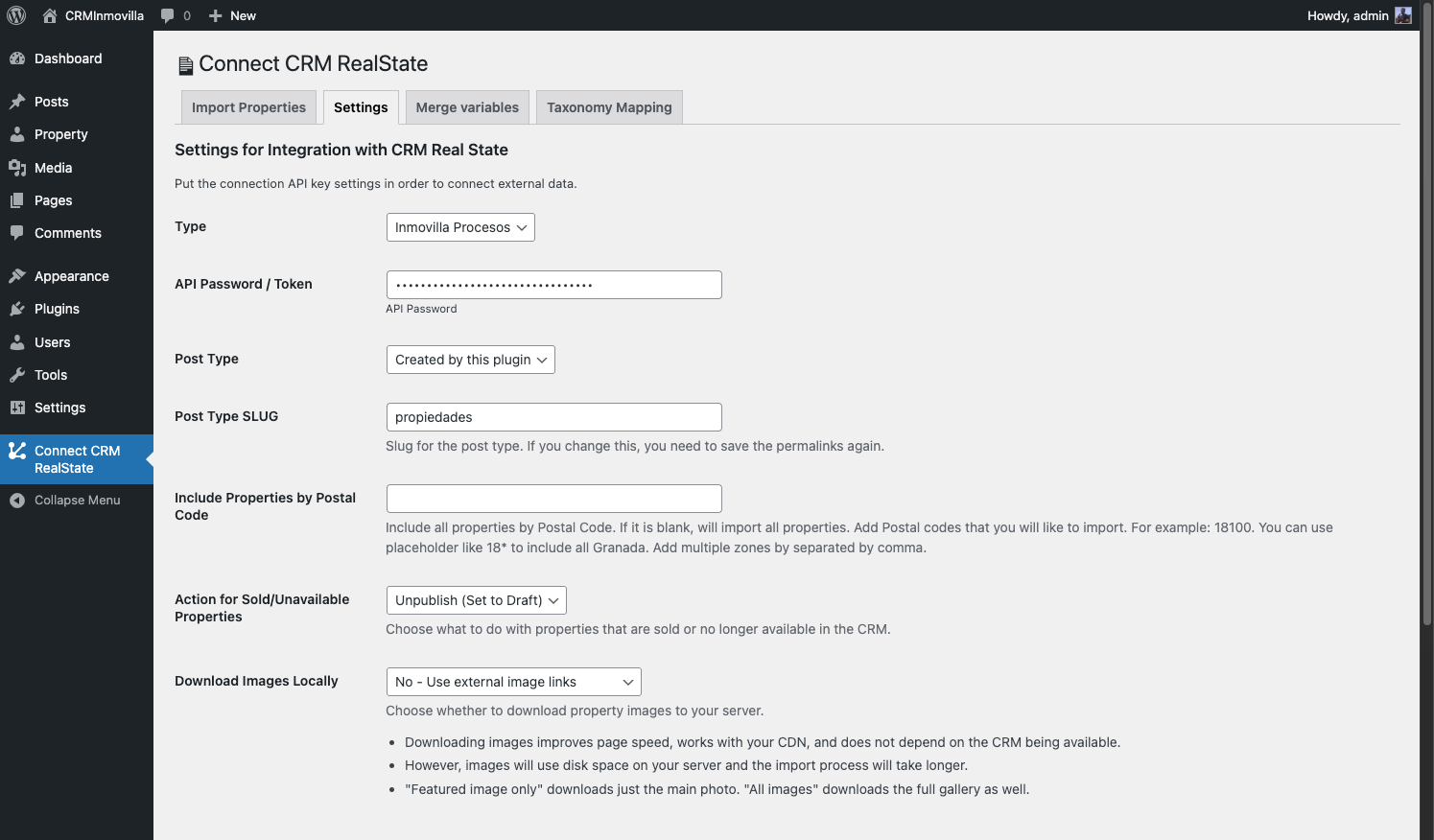 Settings page for CRM configuration