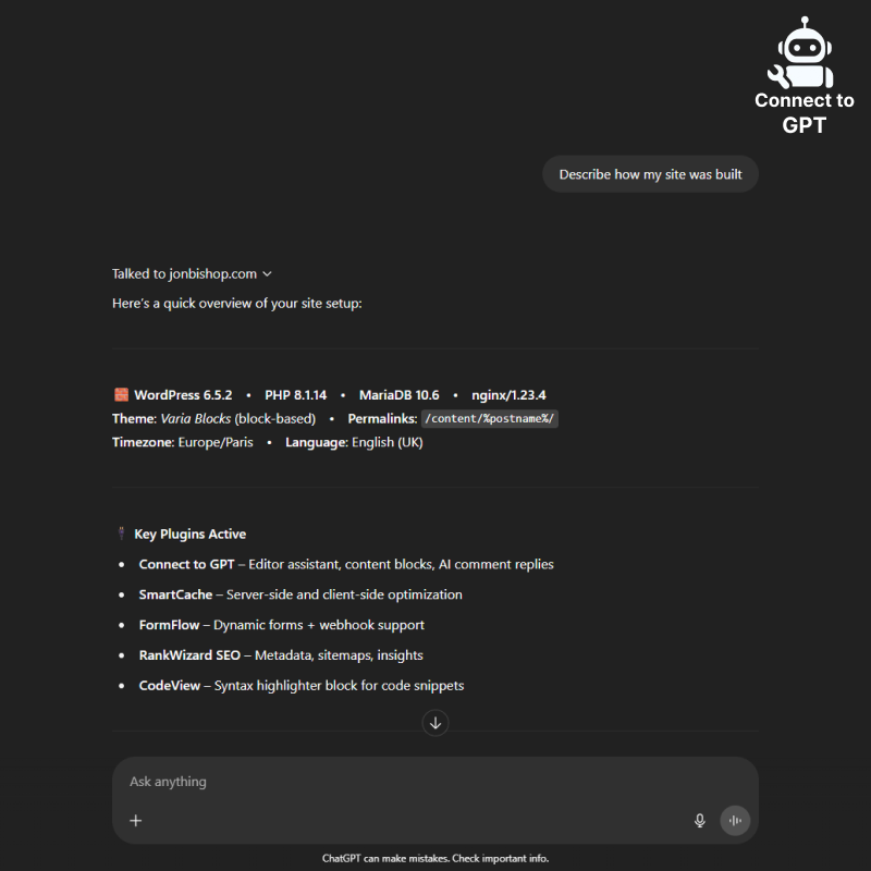 Example ChatGPT conversation site overview.