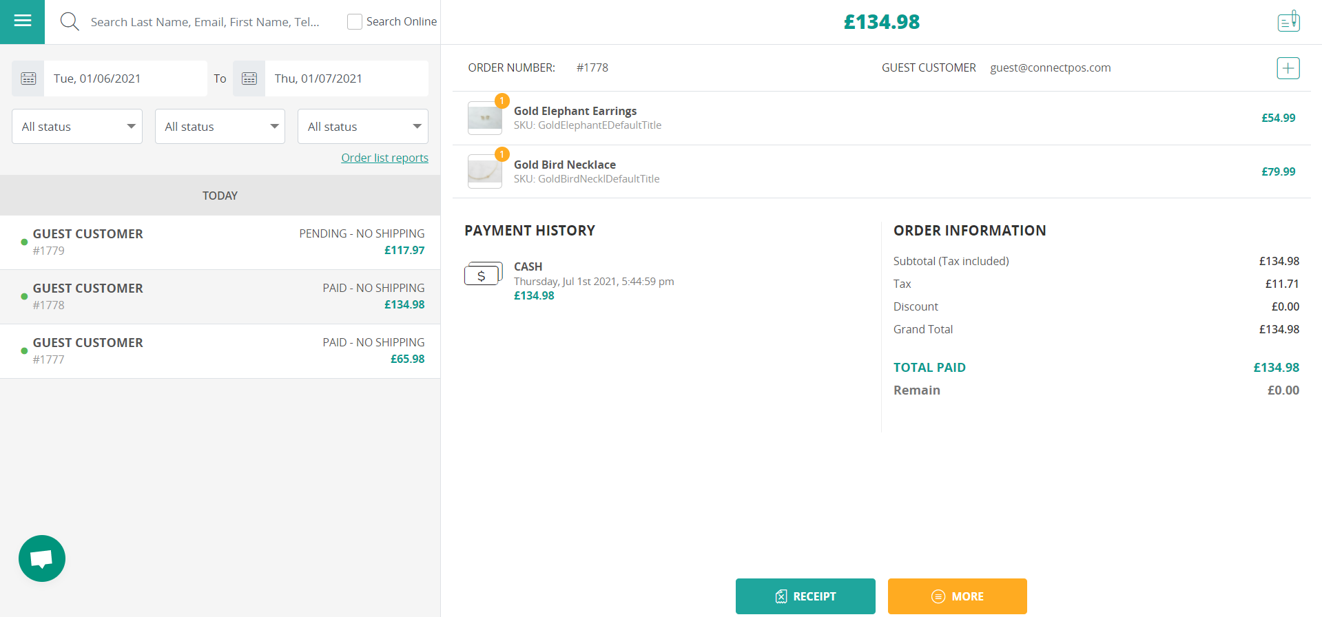 View order history within ConnectPOS app