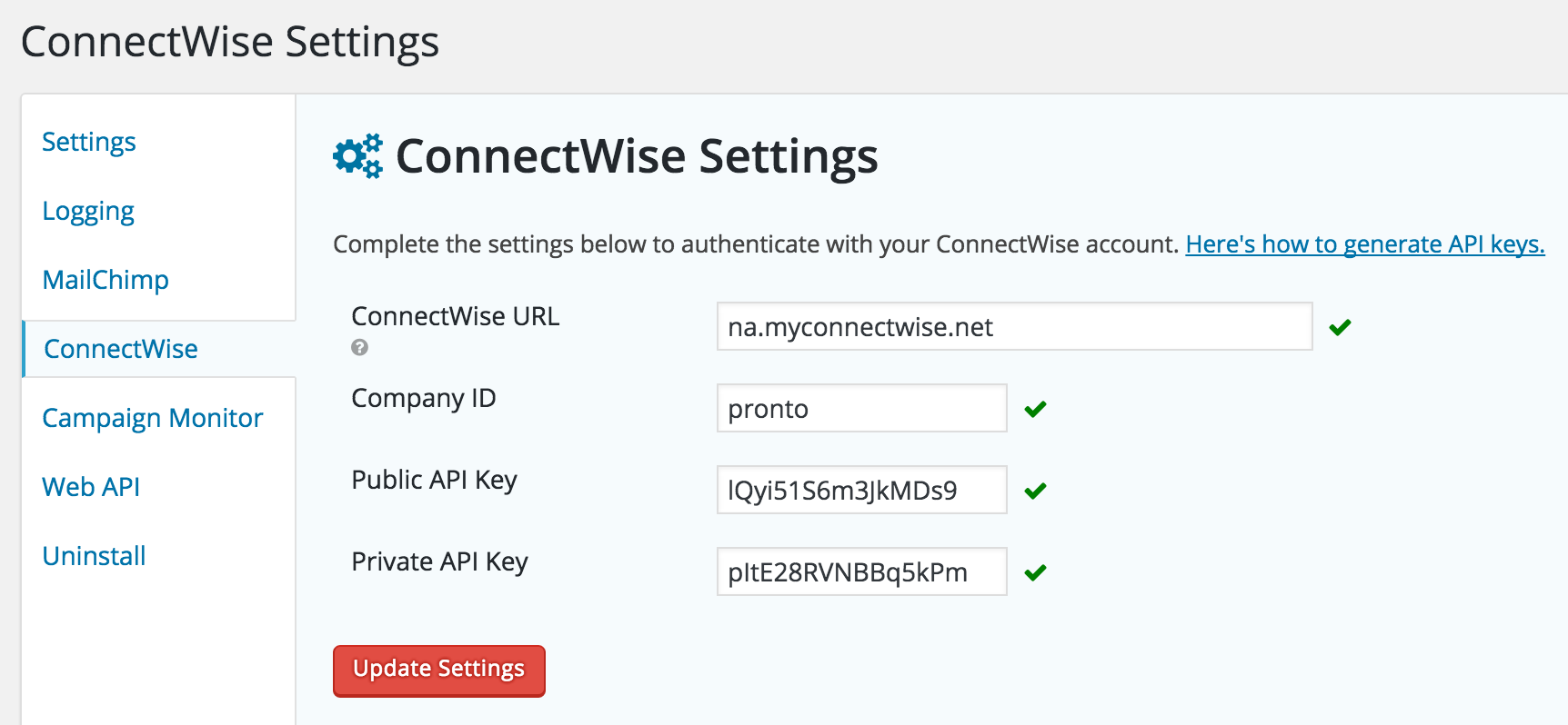 Enter your account’s credentials to authenticate. When successful you’ll see green checkmarks.