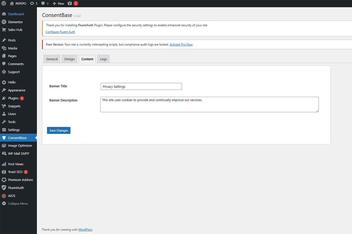 Content Management: Easily customize the banner title, description text, and button labels for different compliance needs.
