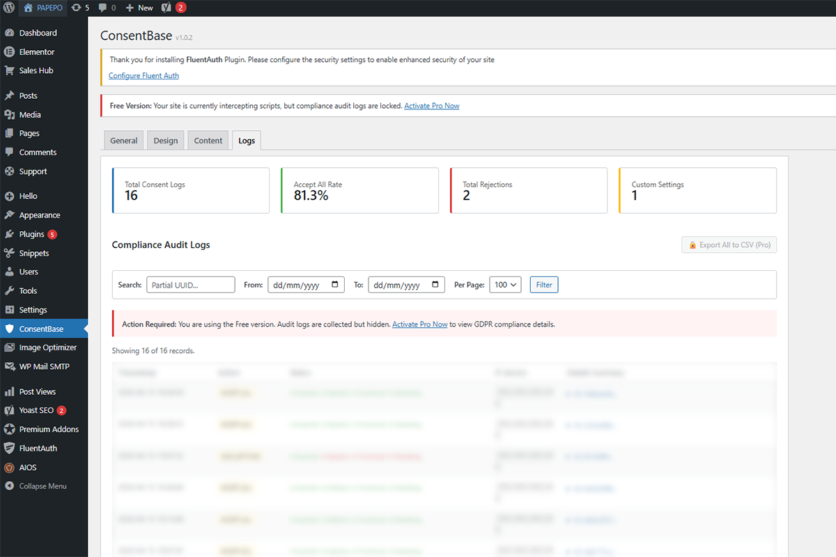 Consent Logs: View detailed logs of visitor interactions with the banner to keep track of consent history.