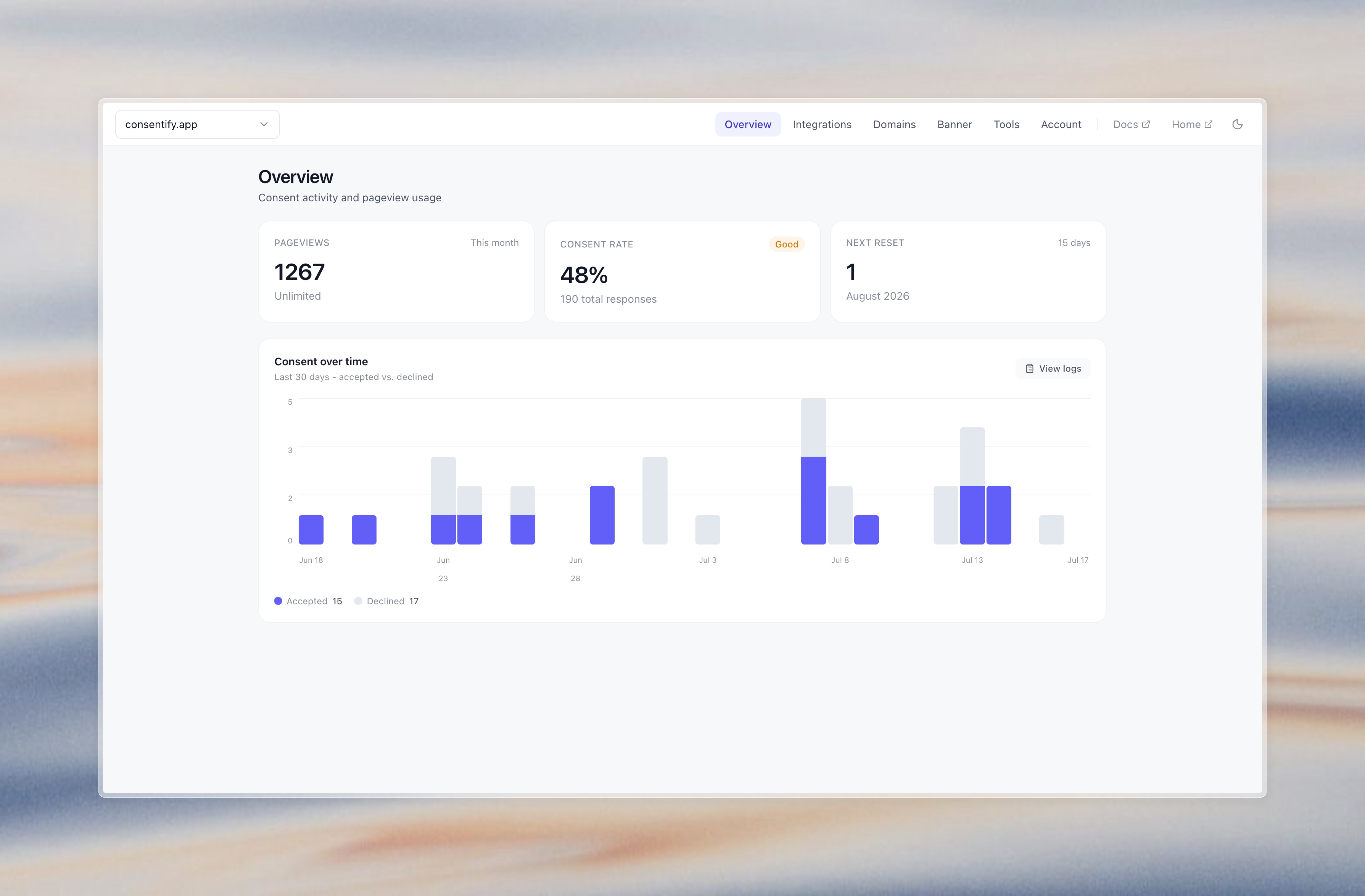 Track consent activity and pageview usage from your dashboard