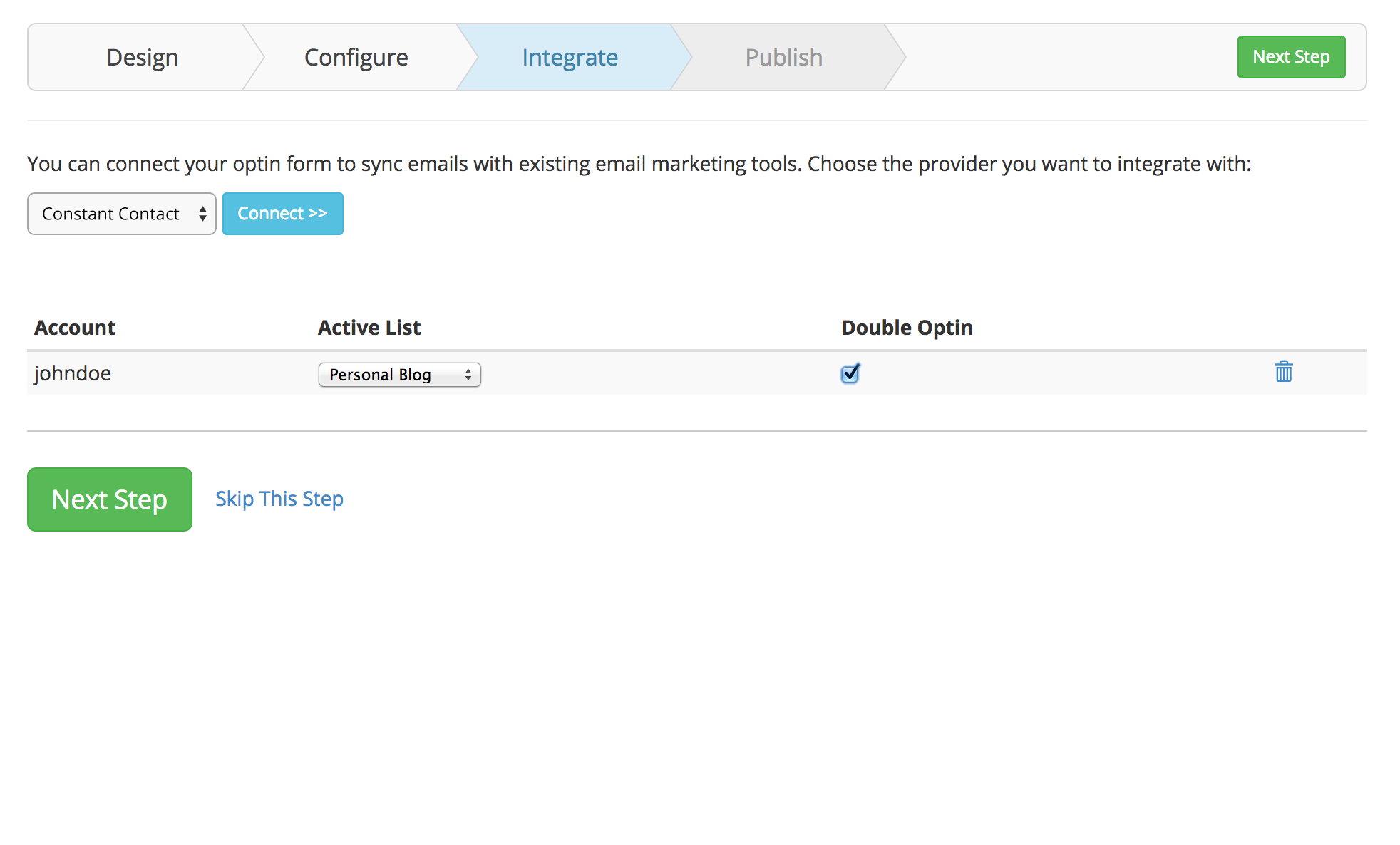 This is the integration step where you can connect your Constant Contact account