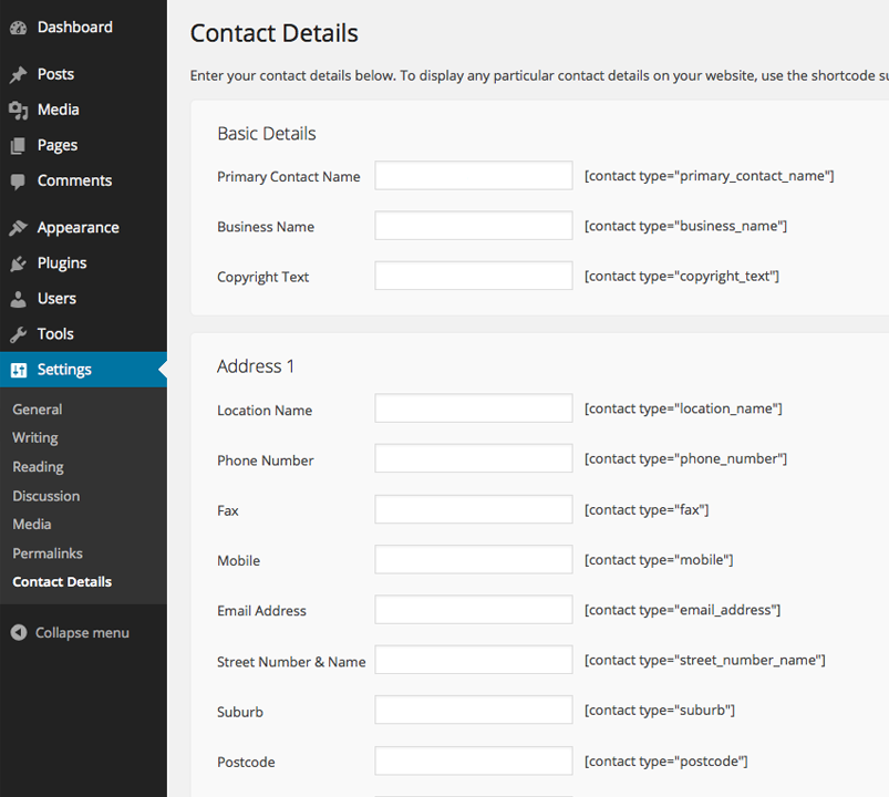 Contact Details page in the WordPress administration area