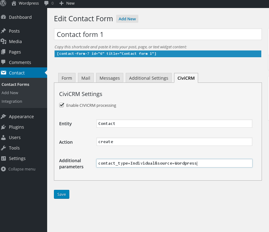 This screenshot shows the screen for enabling and setting up CiviCRM integration on a contact form.