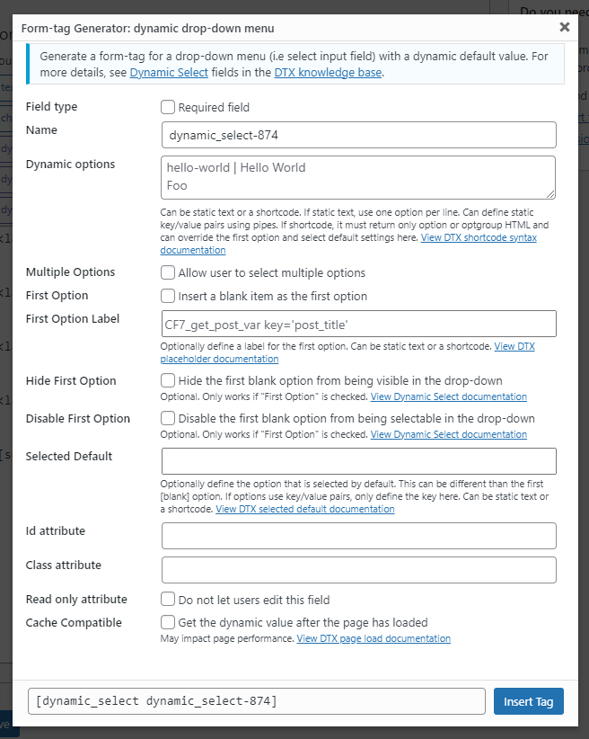 The form tag generator screen for the dynamic text form tag