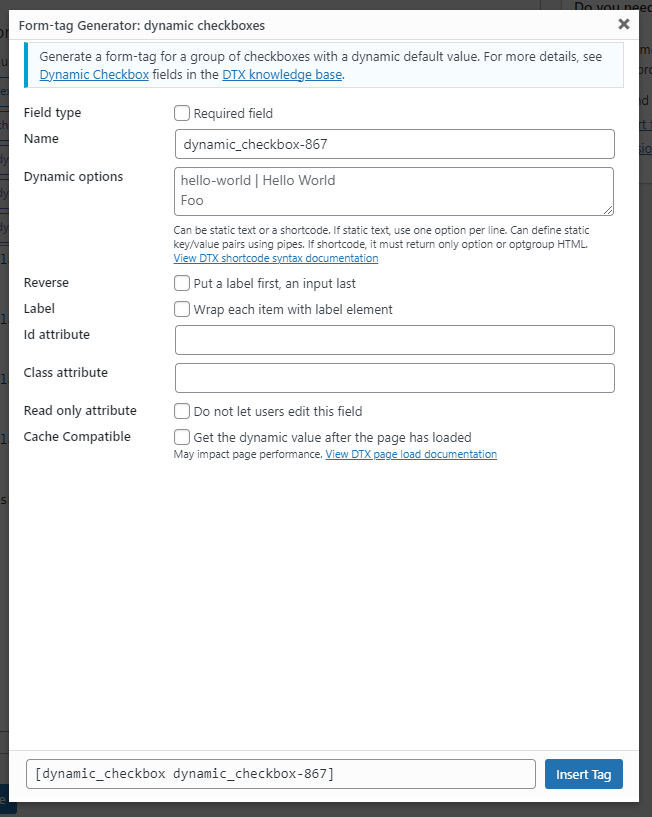 The form tag generator screen for the dynamic hidden form tag