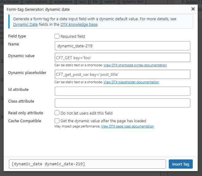 The form tag generator screen for the dynamic URL form tag